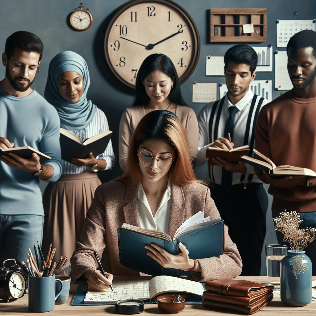 اضطراب نقشهای متضاد: تعریف، علل و راهکارها تصویری از فردی که بر روی تقویمی برنامهریزی میکند، در حالی که توسط گروهی از افراد حمایت میشود