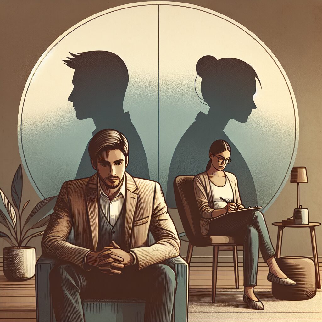 اضطراب نقشهای متضاد: تعریف، علل و راهکارها تصویری از جلسه مشاوره ای که در آن شخصی با دو نقش مختلف در حال گفت وگو است