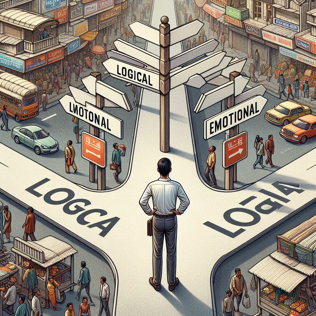 راهبردهای تصمیمگیری تصویری از یک شخص که در حال انتخاب میان چندین گزینهاست، شامل گزینههای با برچسب مثل 'منطقی' و 'احساسی'.