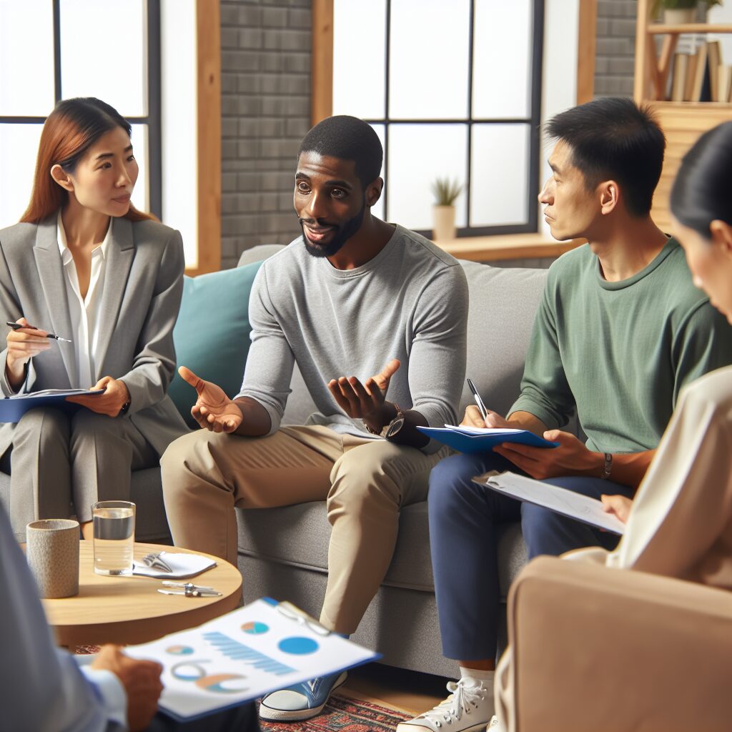 تاثیرات عدم تمرکز در روابط عاشقانه: فرصتها و چالشها یک گروه از افراد که در یک جلسه مشاوره شرکت میکنند و از تکنیکهای بهبود تمرکز و تقویت ارتباطات استفاده میکنند.