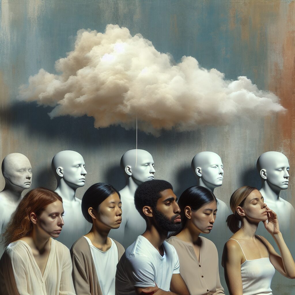 شناخت کامل سندروم بیحسی روانی: علل، علائم و راهکارهای درمانی تصویری از افرادی در یک فضای انتزاعی که ابری آرام در بالای سرشان قرار دارد و حس بیحسی روانی را نشان میدهد