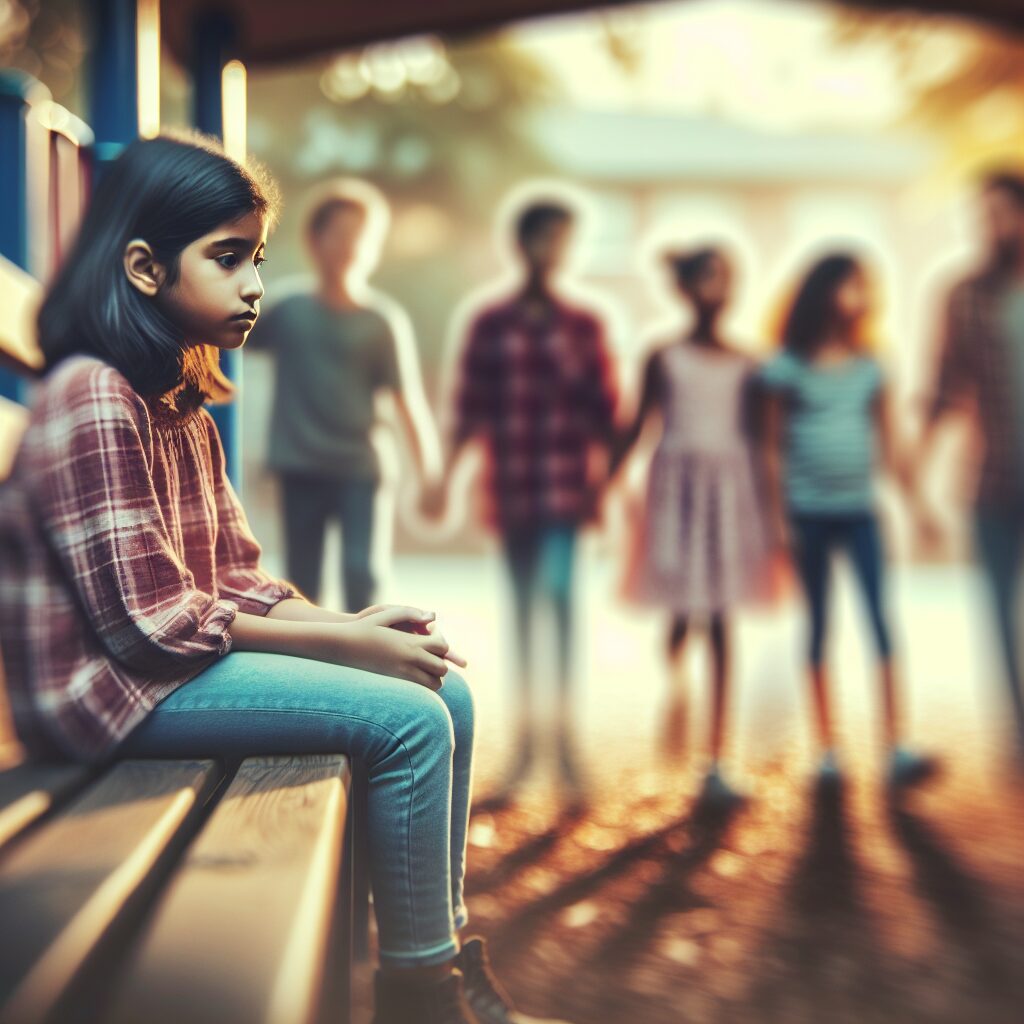 نقش والدین و مربیان در کاهش دروغ در کودکان تصویر گرافیکی از یک کودک در حال فکر کردن با دوستیها و والدینی که به صورت مبهم و دور هستند.