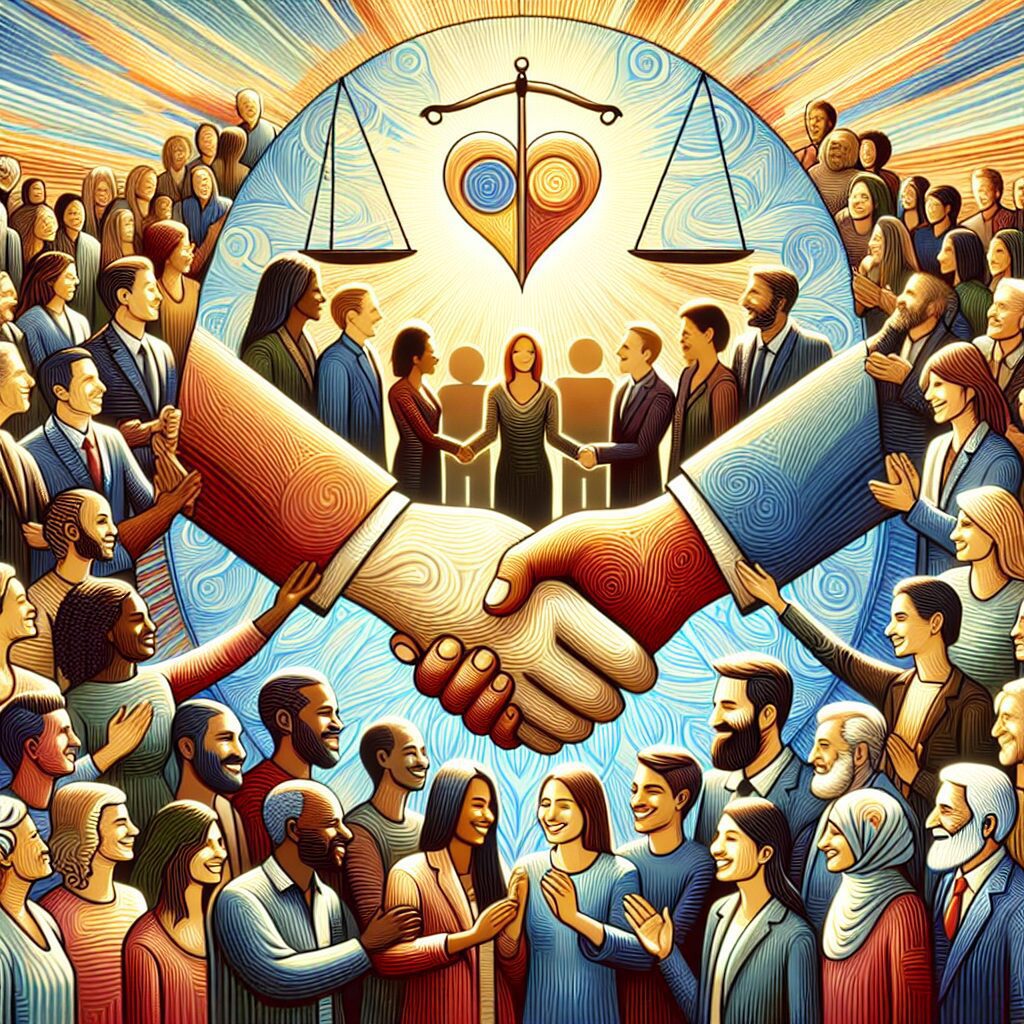 بازسازی اعتماد: راهکارها و چالشهای پیشرو تصویر نشان دهنده بازسازی اعتماد با افراد دست در دست و نمادهای اعتماد در پسزمینه