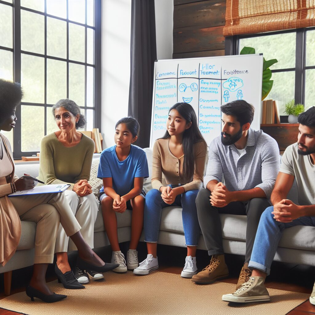 شناخت و مدیریت اعتیاد رفتاری در خانواده تصویر خانوادهای که در حال صحبت و مشاوره گرفتن هستند و محیط امن و حمایتگرانهای دارند.