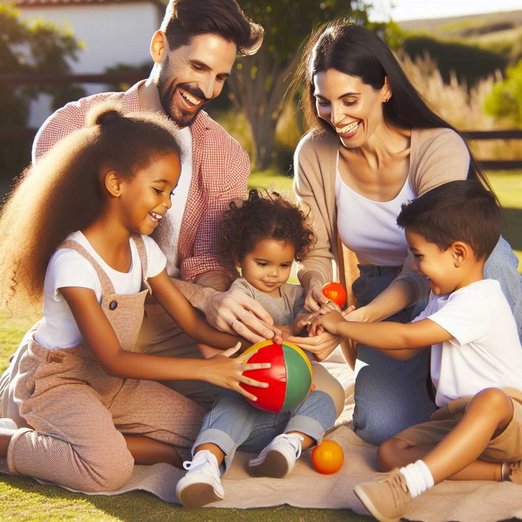 شناخت و مدیریت اعتیاد رفتاری در خانواده تصویری از خانوادهای که در حال تعامل مثبت هستند. کودکان در حال بازی با والدین در فضای باز و نور خورشید هستند.