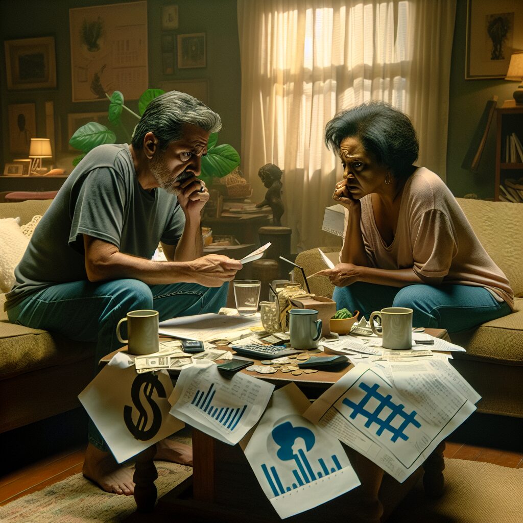 تعارضات والدین و تأثیرات آن بر فرزندان تصویری از والدینی که با یکدیگر صحبت میکنند و نگران به نظر میرسند، با صندوق پستی پر از قبوض و نمودارهای مالی و فشار اجتماعی در پسزمینه.