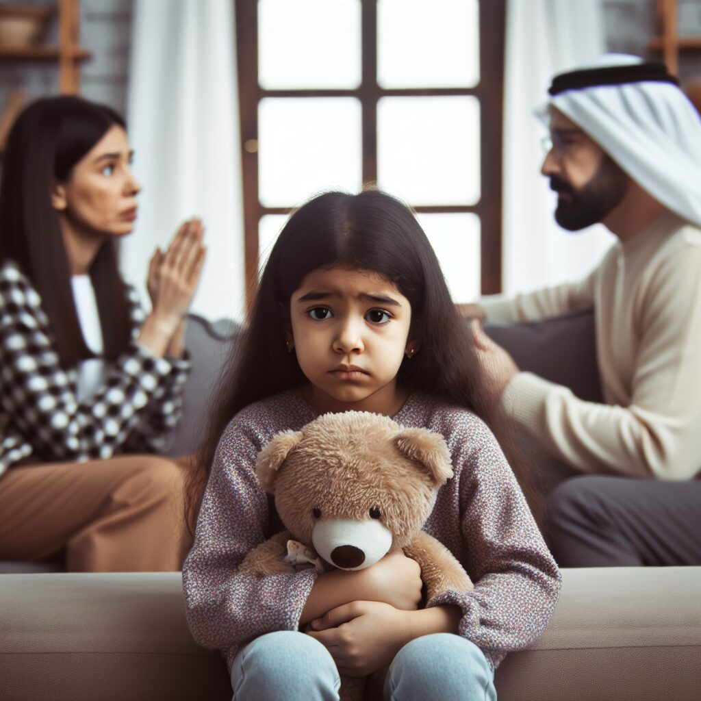 تعارضات والدین و تأثیرات آن بر فرزندان تصویری از یک کودک که به نظر میرسد مضطرب و ناآرام است در کنار افرادی که نقش والدین دارند، که با هم بحث میکنند.