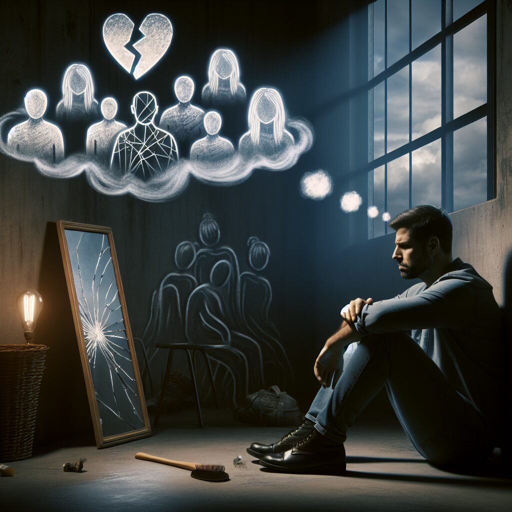 نقش و راهکارهای مقابله با سندروم مقایسه تصویر نمایانگر فردی است که تحت تأثیر سندروم مقایسه قرار گرفته و نشانههای افسردگی، اضطراب، کاهش عزت نفس، و اثرات بر روابط اجتماعی را نشان میدهد.