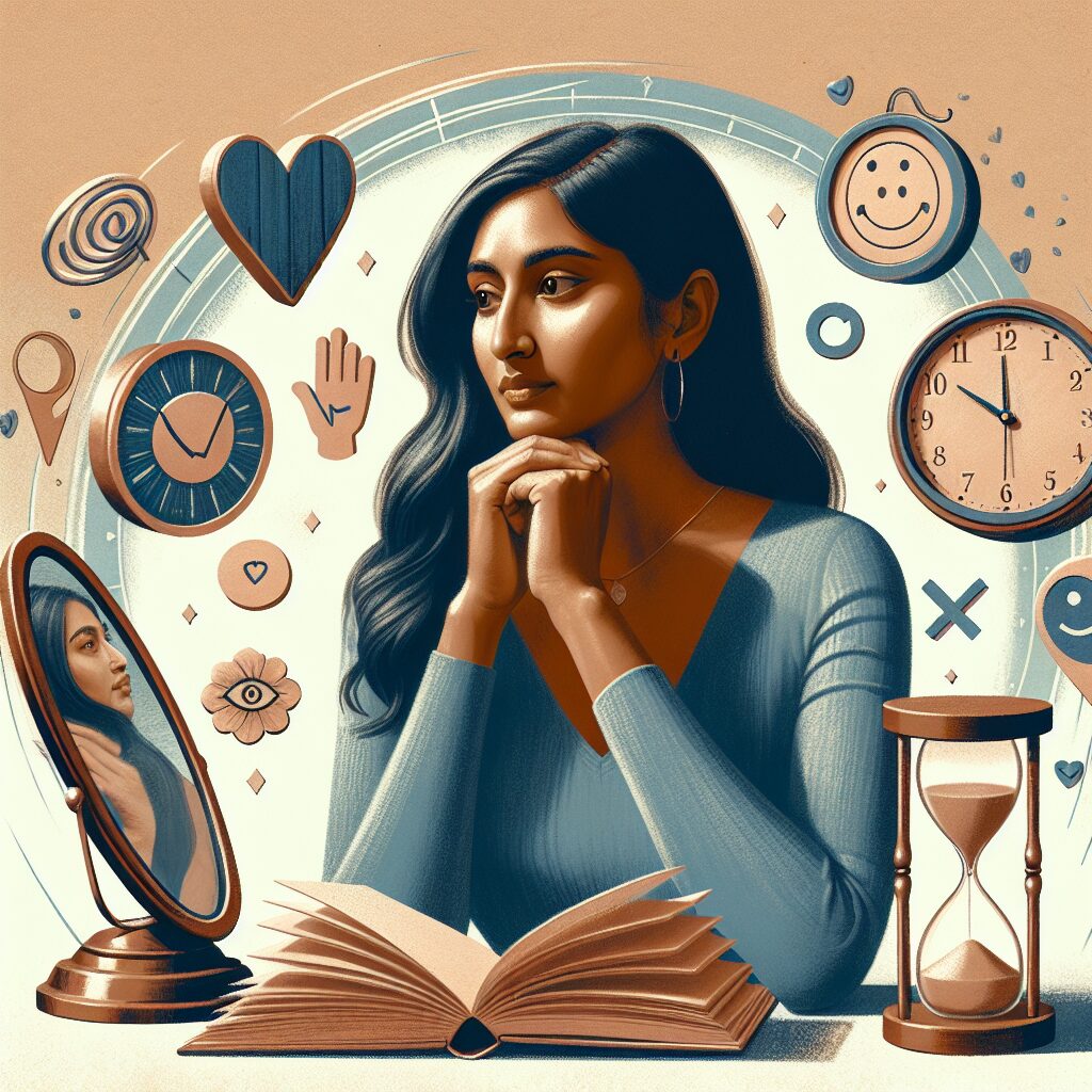 نقش و راهکارهای مقابله با سندروم مقایسه تصویری از فردی که با دستیابی به شناخت بهتری از خود، تکنیکهای مدیریت زمان و کاهش کاربرد شبکههای اجتماعی و مهارتهای خودپذیری مشغول است.