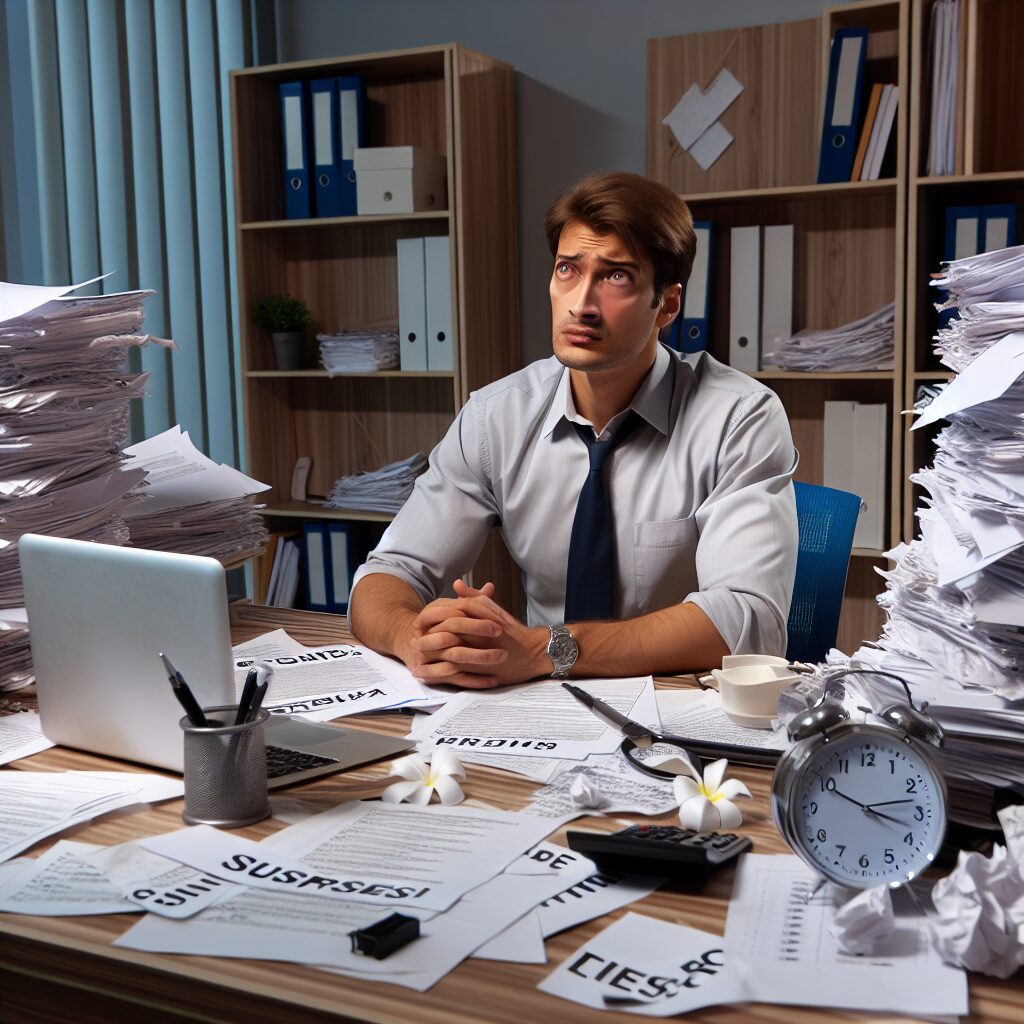 کمالگرایی فلجکننده: تعریف، نشانهها و راهکارها تصویری از یک فرد که تلاش میکند کاری را کامل کند و به دلیل کمالگرایی فلجکننده احساس خستگی و ناتوانی دارد.