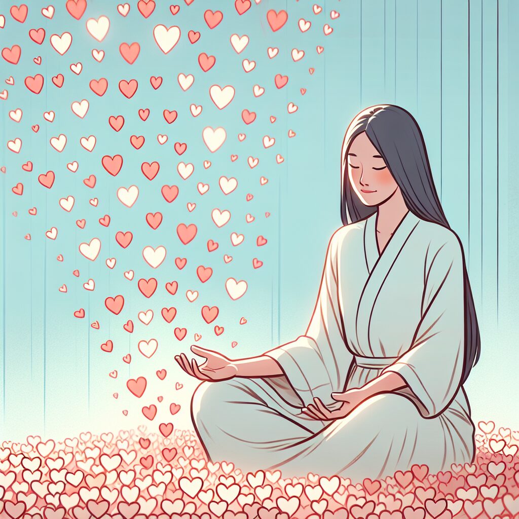 درک و مقابله با بمباران عشق: از تعریف تا بازیابی تصویر یک فرد در محیطی آرامشبخش، احاطه شده با نمادهای عشق مانند قلبهای کوچک که از آسمان میبارند