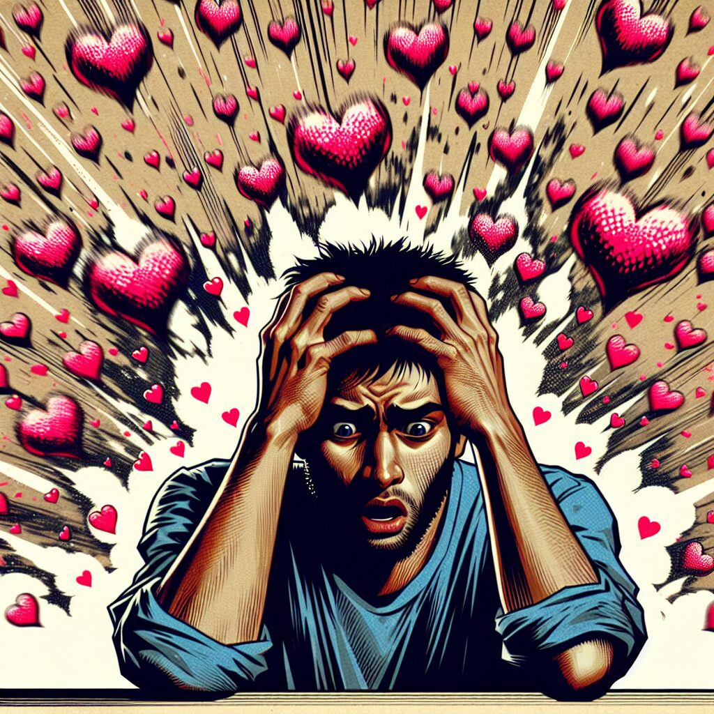 درک و مقابله با بمباران عشق: از تعریف تا بازیابی تصویری از یک شخص که سر خود را با دستهایش گرفته و احساس سردرگمی میکند، در حالی که اطراف او قلبهای کوچکی در حال انفجار هستند.