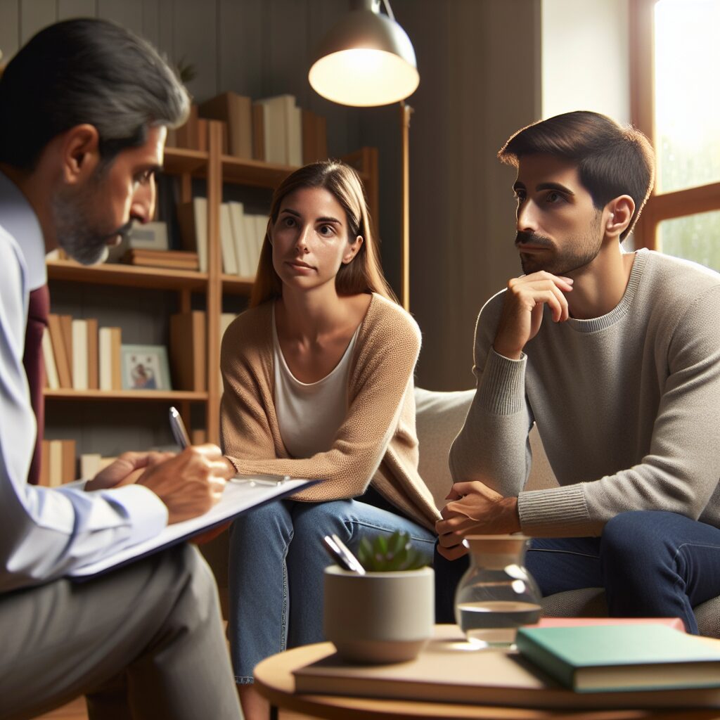نقش هیجانات و ADHD در روابط و پشتیبانی زوجین تصویر زوجی در حال صحبت و تبادل نظر با مشاور درباره هیجانات و ADHD
