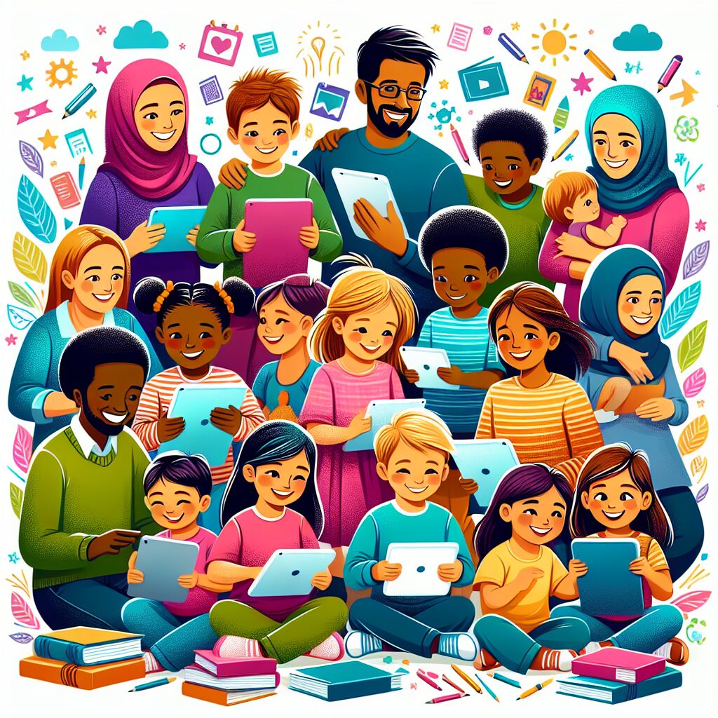 نقش کلیدی والدین در سلامت روان کودکان در فضای مجازی تصویری از کودکانی که با لبخند در حال استفاده از دستگاههای دیجیتالی ایمن و تحت نظارت هستند.