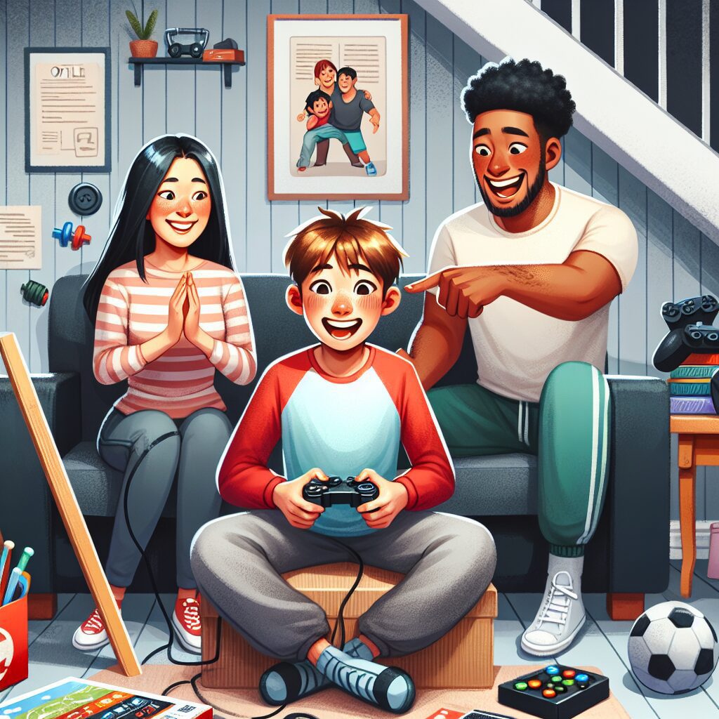 نقش کلیدی والدین در سلامت روان کودکان در فضای مجازی تصویری از یک کودک در حال بازی آنلاین، در کنار والدینش که با یکدیگر در حال تعاملات اجتماعی و فعالیتهای فیزیکی هستند.