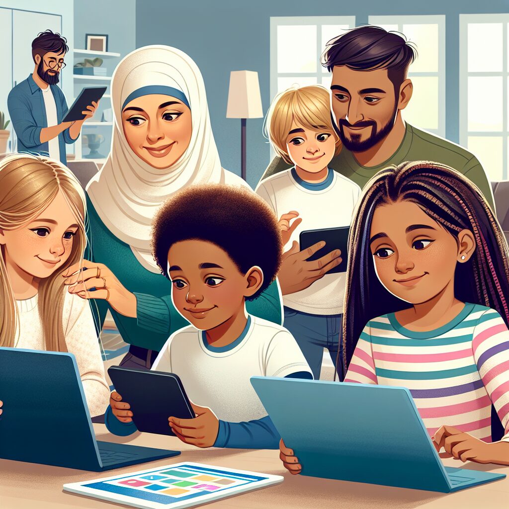 نقش کلیدی والدین در سلامت روان کودکان در فضای مجازی نمادهایی از تکنولوژی مانند لپتاپ و تبلت با کودکان در حال تعامل با والدین