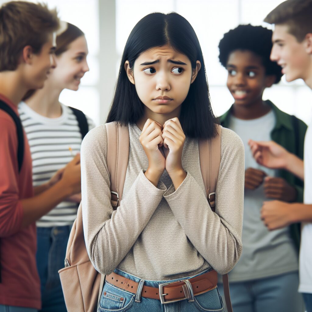 درک و مدیریت اضطراب اجتماعی نوجوانان نوجوانی در حال تعامل اجتماعی با چهره نگران و دستان فشرده است، در حالی که در کنار گروهی از همسالانش قرار دارد.