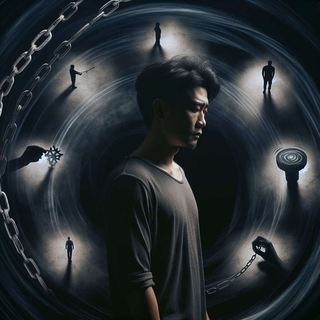 نقش حمایت اجتماعی در کاهش شرم در اعتیاد چرخه شرم و اعتیاد: فردی دچار شرم و احساسات منفی در محیطی تاریک و بی سرپناه ایستاده است.