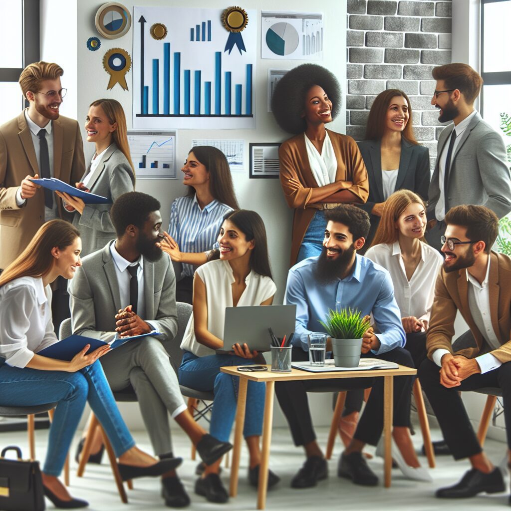 رضایت شغلی: اهمیت، چالشها و راهکارها تصویری از گروهی از افراد با ظاهر خوشحال که در محل کار در حال تعامل و همکاری هستند و نشانههایی از موفقیت و پیشرفت در اطراف آنها دیده میشود