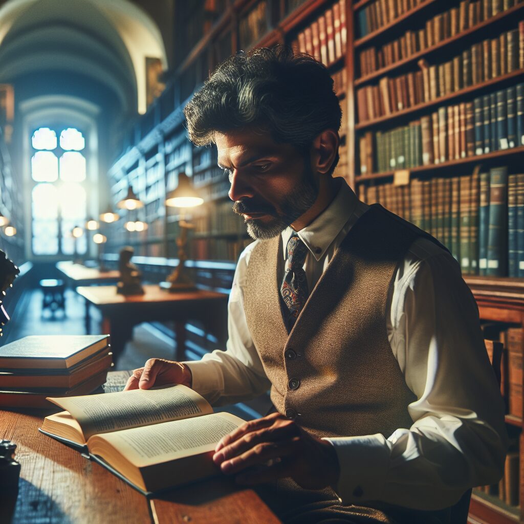 سندروم ایمپاستر: تعریف، علل و راهکارها تصویری از یک فرد فکر کننده در اتاق کتابخانه، نشسته روی یک صندلی و مطالعه کتابی درباره روانشناسی در نوری نرم.