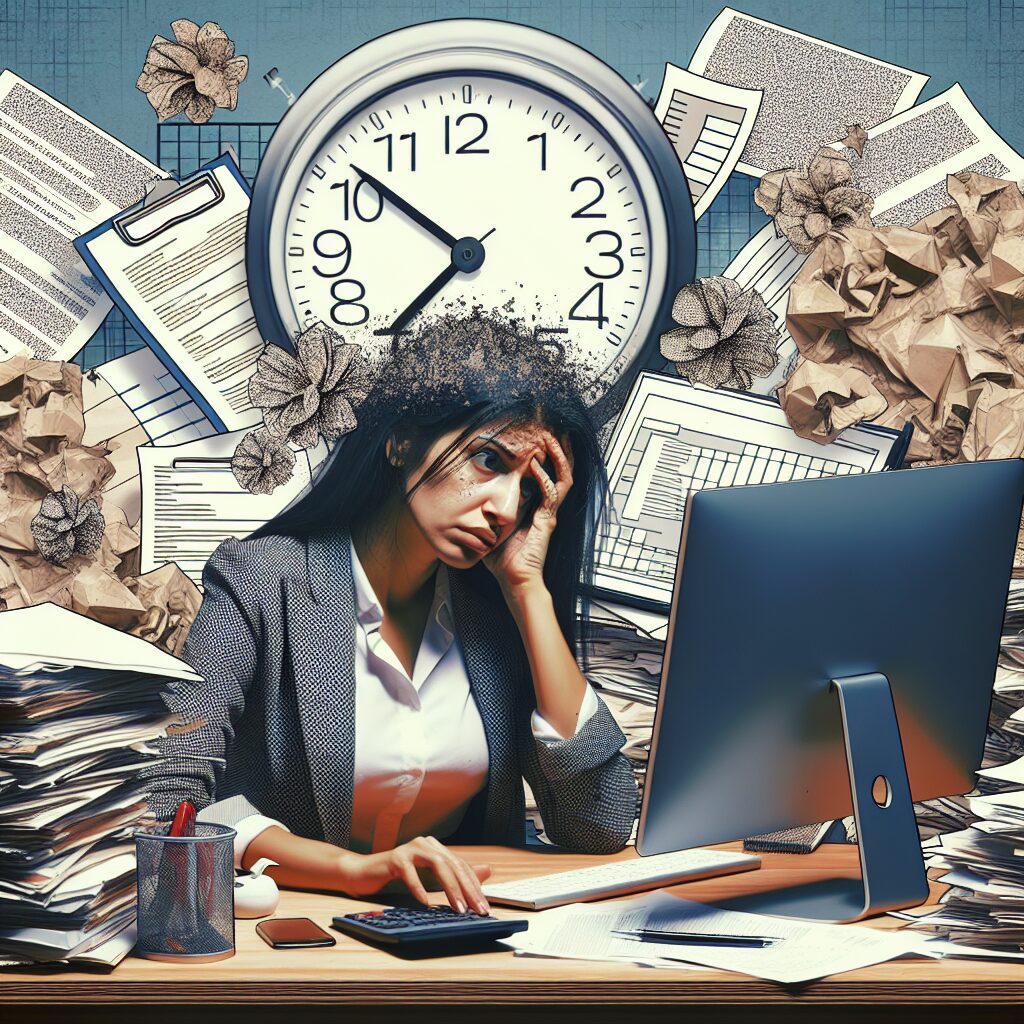 اعتیاد به کار: دلایل، پیامدها و راهکارها تصویری از فردی در حال کار مداوم همراه با نشانههای اعتیاد به کار.