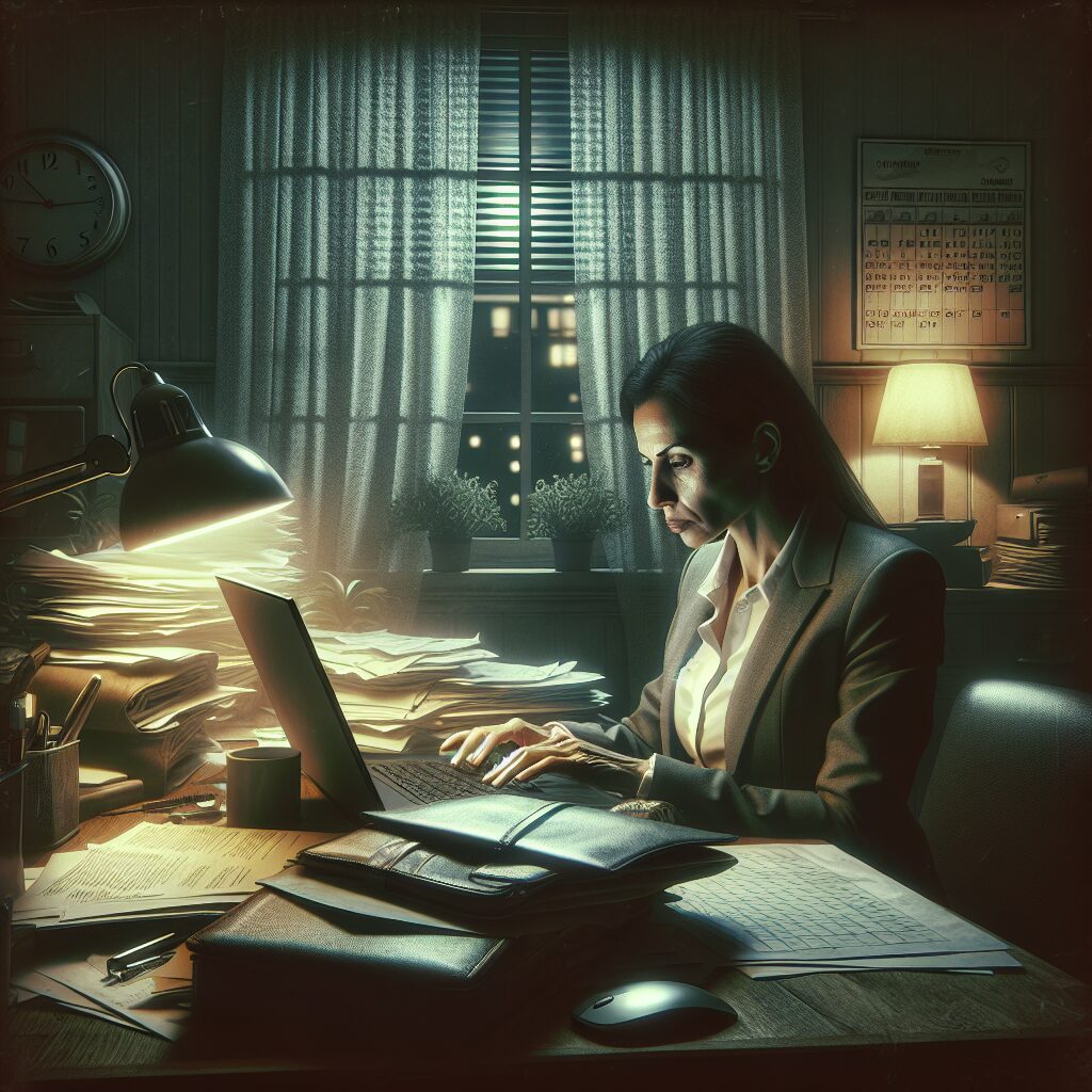 اعتیاد به کار: دلایل، پیامدها و راهکارها تصویری از میز کاری شلوغ در یک دفتر با چراغهای کمنور و شخصی که خسته و در حال تایپ روی لپتاپ است