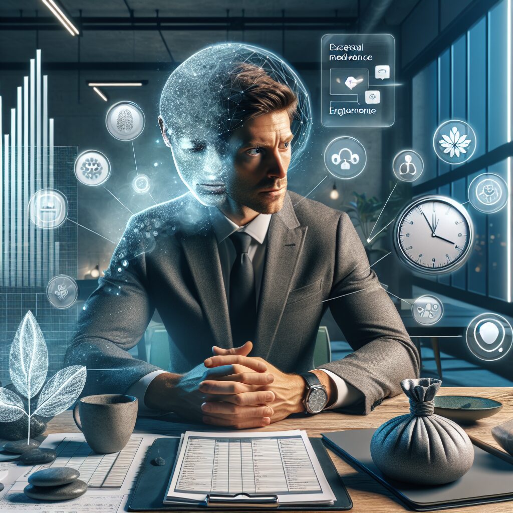 اعتیاد به کار: دلایل، پیامدها و راهکارها تصویری از فردی که در محیط کاری با ابزارهای خودشناسی و مدیریت زمان در حال مقابله با استرس است.