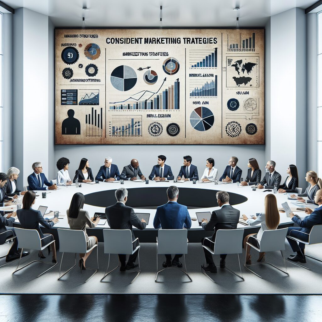 نقش و کاربردهای اصل سازگاری در زندگی تصویری از یک میز کنفرانس با افراد در حال بحث درباره تکنیکهای بازاریابی، نمودارهایی بر روی دیوار و جزئیاتی از استراتژیهای مالی