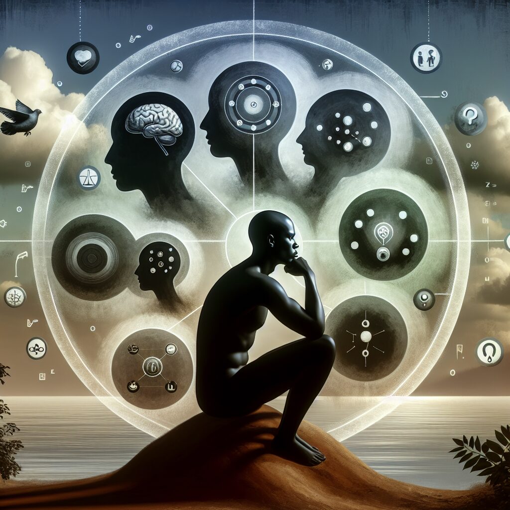 مدیریت احساس حسادت تصویری از یک فرد در حال تفکر در یک محیط آرام با نمادهای مفهوم حسادت مانند سایههای متعدد، متفاوت نشان دادن علایق و احساسات در اطراف