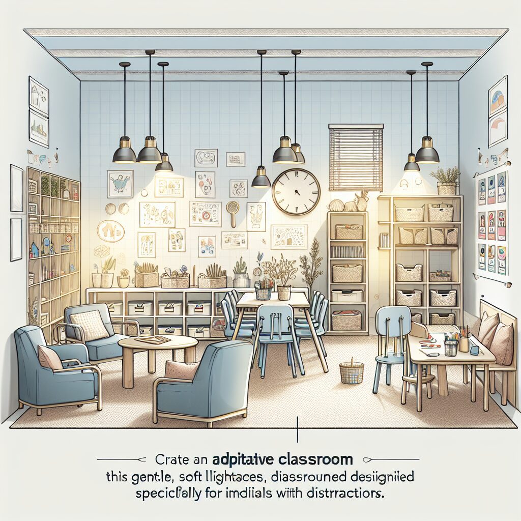 راهکارهای ایجاد محیط امن برای ADHD تصویر یک کلاس درس با طراحی مناسب، با نورپردازی ملایم و سازماندهی فضا برای کمک به افراد با نیازهای خاص.