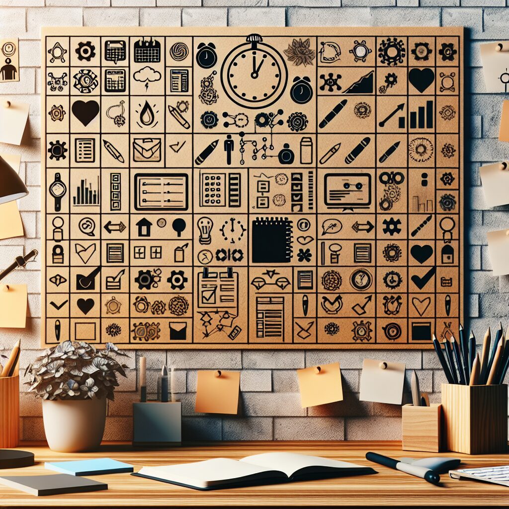 راهکارهای ایجاد محیط امن برای ADHD تصویری از یک تخته برنامهریزی روزانه با آیکونهایی برای یادآوریها و زمانبندی، در یک فضای کاری آرام و راحت.