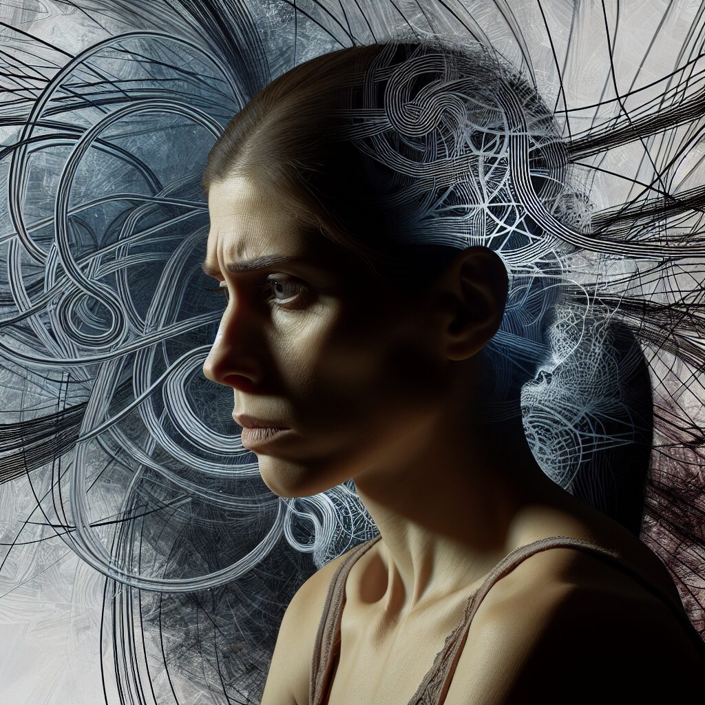 بررسی شستشوی مغزی: از مفهوم تا مقابله تصویری از یک فرد با حالت تفکر عمیق و نگرانی، در جلو یک محیط انتزاعی