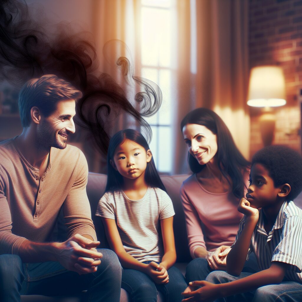 مدیریت احساس حسادت تصویری از یک خانواده در حال صحبت، با یکی از اعضا که احساس ناراحتی میکند و رنگهای تیره اطراف او نشان دهنده حسادت است