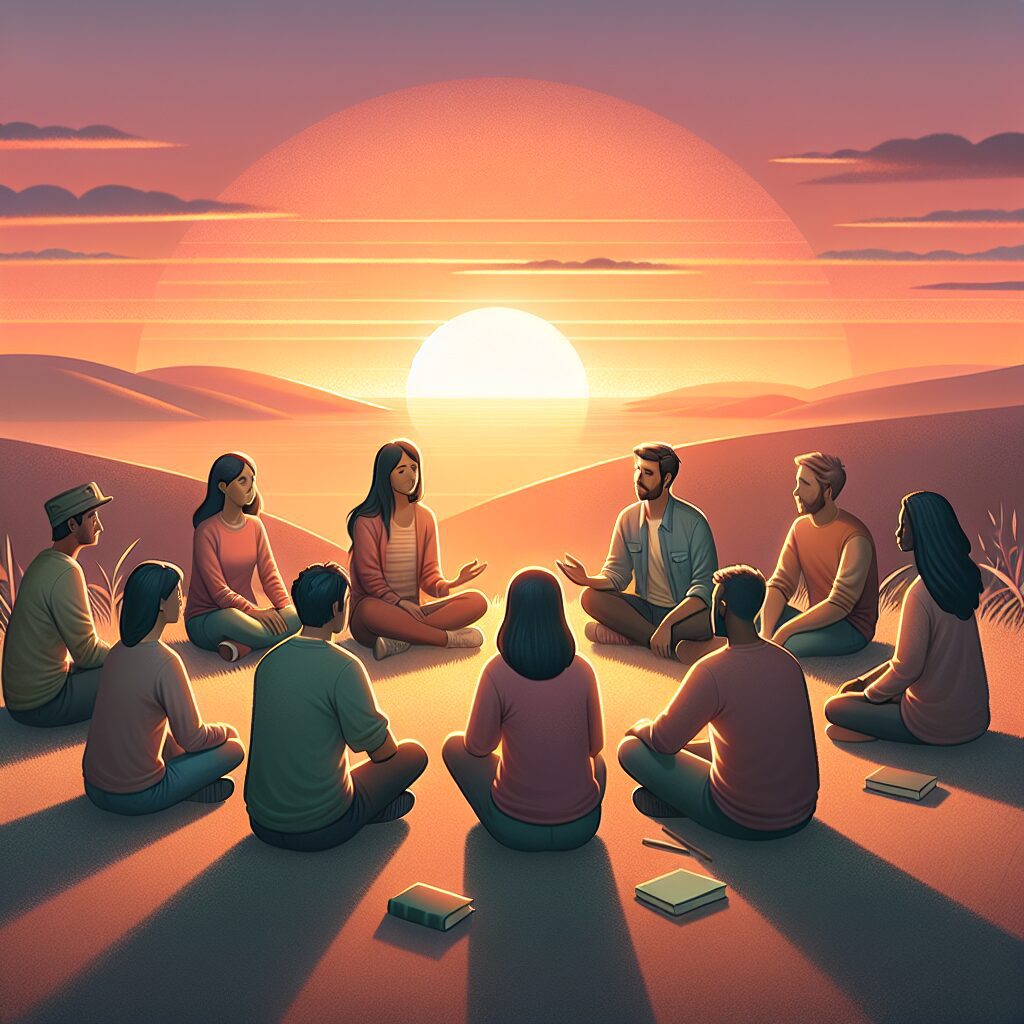 ترس از دیده شدن: راهکارها و پیامدها تصویری از افراد در حال تعامل در یک گروه حمایتی بالای تپهای در غروب