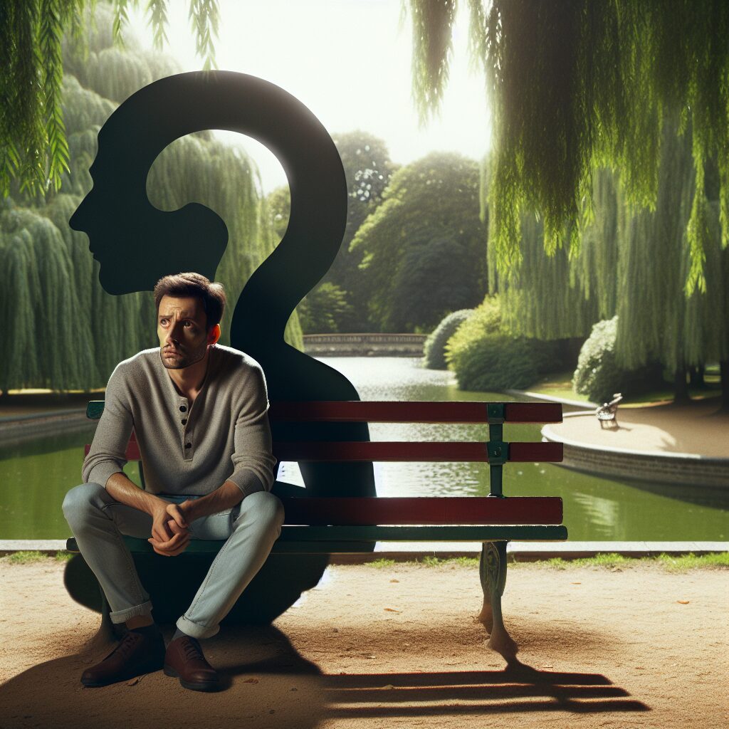 شناخت و مدیریت ترس از شکست پنهانی تصویر یک فرد نشسته روی نیمکتی در یک پارک با حالتی مضطرب در حال تفکر است، در حالی که پشت او سایهای به شکل یک علامت سوال بزرگ قرار گرفته است.