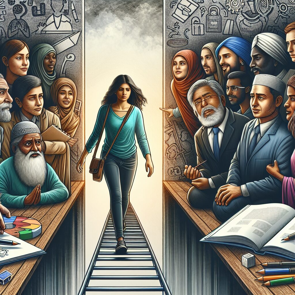 شناخت و مدیریت ترس از شکست پنهانی تصویری از فردی که در حال عبور از بزنگاه پل شیشهای است، در حالی که در پسزمینه گروهی حامی و مشاورهگر دیده میشوند