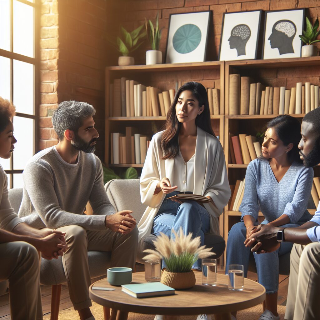 مدیریت تعارضها در روابط با افراد مبتلا به ADHD تصویر افرادی که با همدیگر همدلی و صبر نشان میدهند و در حال برگزاری جلسه مشاورهای هستند که شامل ایجاد ساختارهای حمایتی است.