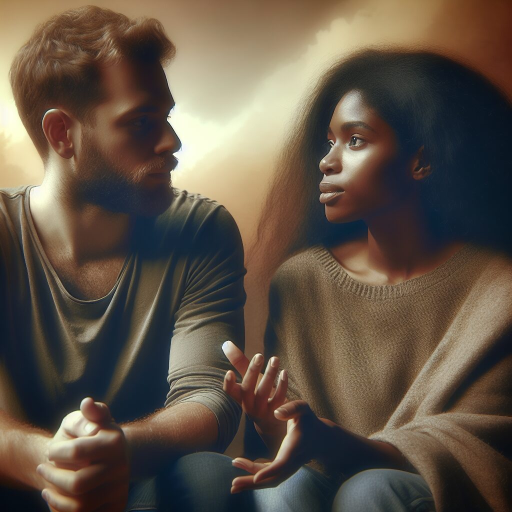 مدیریت احساس حسادت تصویری از دو نفر که در حال گفتگو و نشان دادن همدلی به یکدیگر هستند، در یک فضای آرام و دوستانه