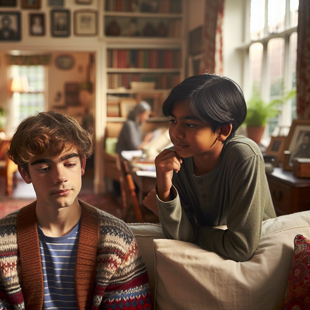 نقش والدین در کاهش اختلاف خواهر و برادر تصویری از دو خواهر و برادر متفاوت در حال گفتگو در فضای خانواده.