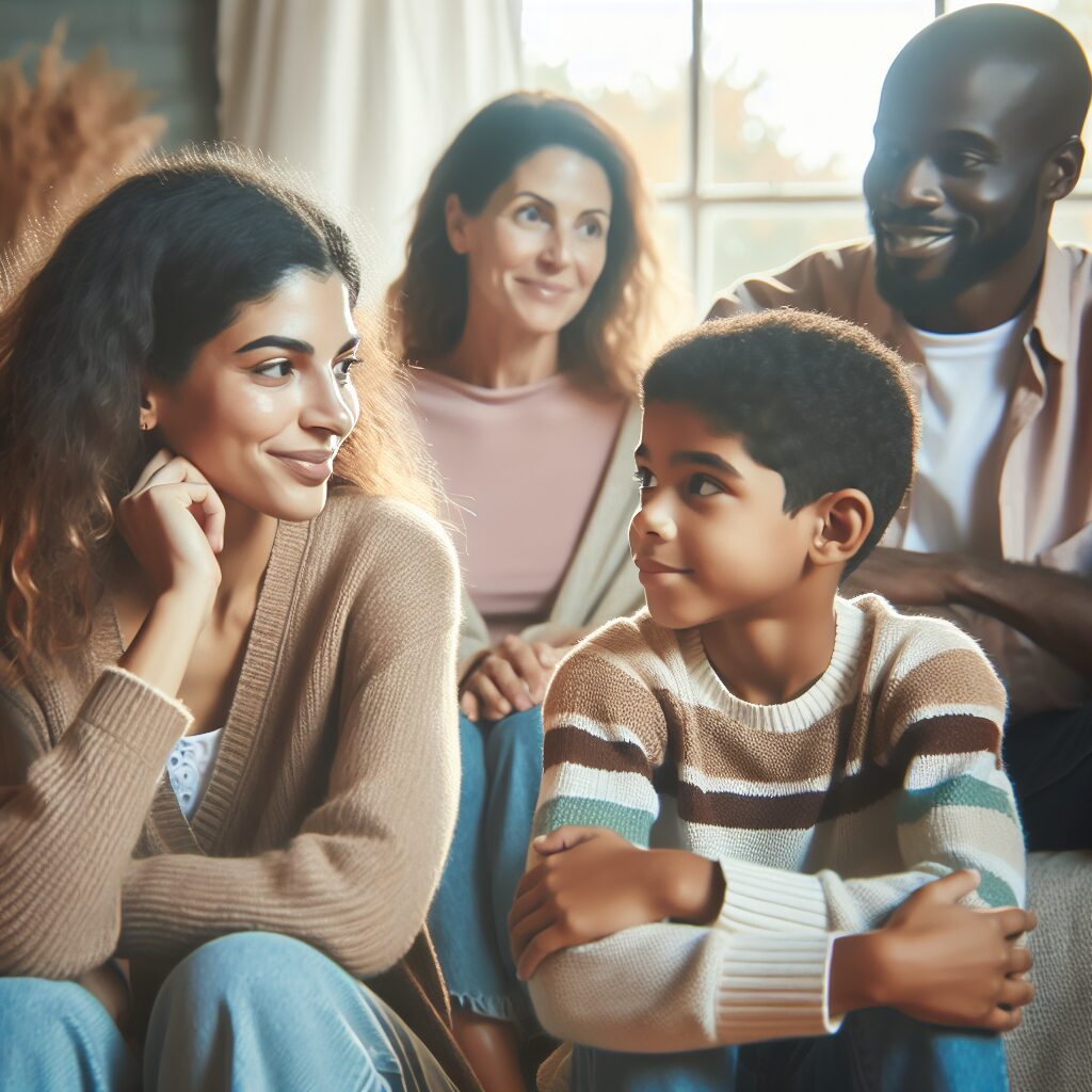 نقش والدین در کاهش اختلاف خواهر و برادر تصویر از دو خواهر و برادر که با هم در حال صحبت کردن هستند در حالی که والدین در کنارشان با لبخند به آنها نگاه میکنند.