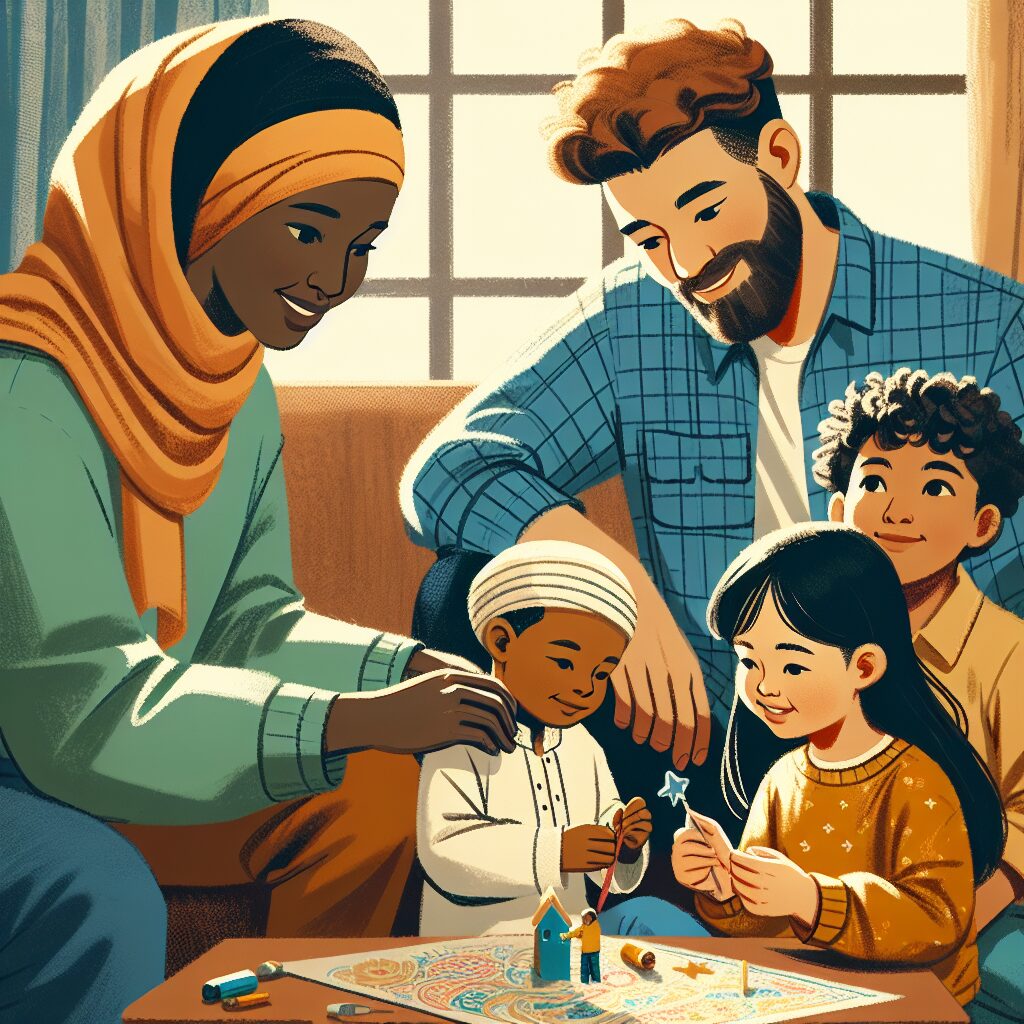 نقش والدین در کاهش اختلاف خواهر و برادر تصویری از یک خانواده که والدین با روی خوش در حال کمک به فرزندان برای ارتباط بهتر هستند