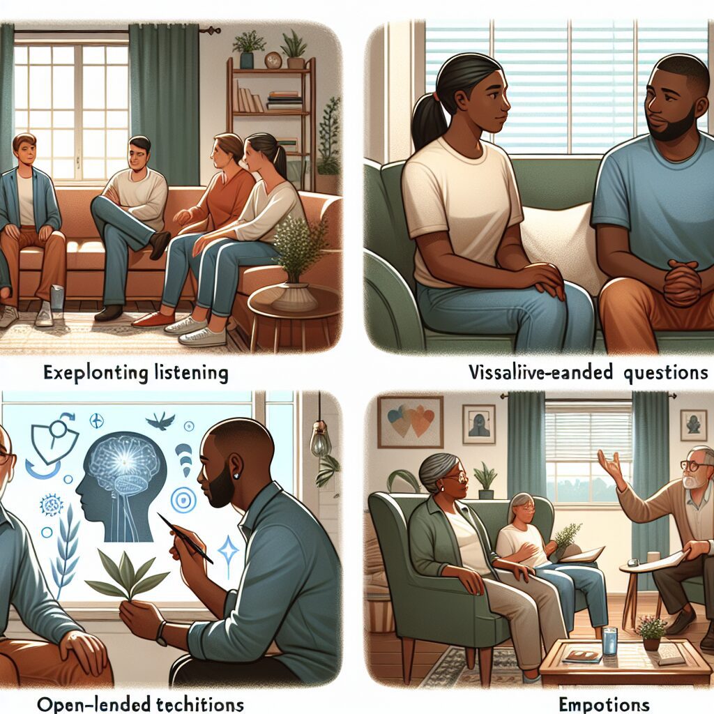 راهکارهای همدلی با ADHD در روابط انسانی تصویری از یک محیط خانگی یا دفتر کار که در آن افراد در حال تمرین گوش دادن فعال و همدلی با یکدیگر هستند.