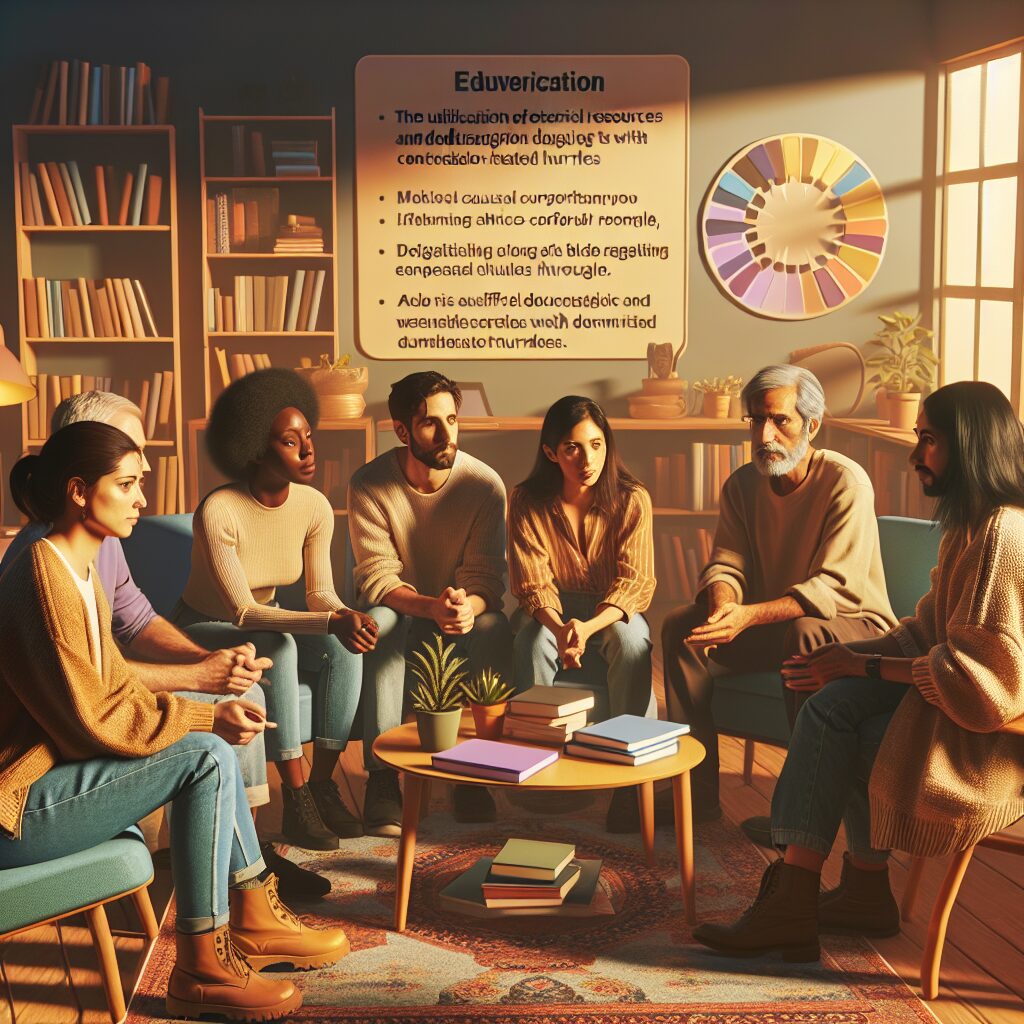 راهکارهای همدلی با ADHD در روابط انسانی تصویر یک گروه از افرادی که با هم ملاقات میکنند تا در مورد منابع خارجی و راههای حمایت از اعضای خانواده با مشکلات تمرکزی صحبت کنند.