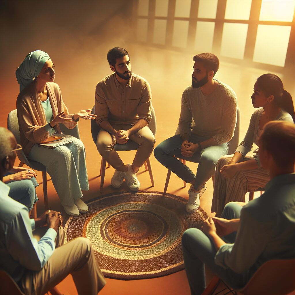 مدیریت احساس حسادت تصویری از یک جلسه مشاوره گروهی که در آن افراد با احترام به یکدیگر گوش میدهند.