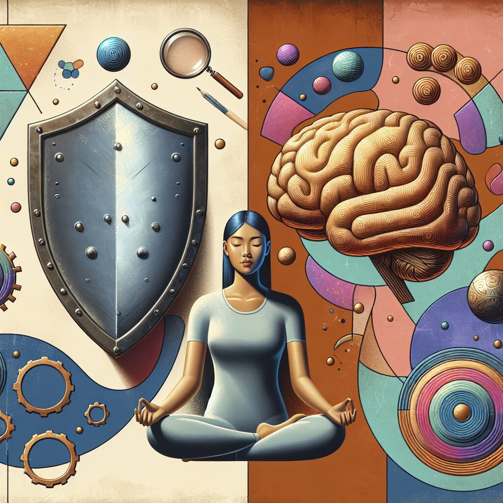 نقش مکانیسمهای دفاعی در سلامت روان و زندگی روزمره تصویری از مکانیزمهای دفاعی روانشناختی با نمادهای مرتبط با روان و ذهن