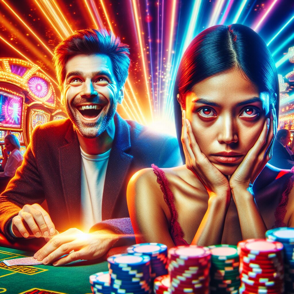 راهبردهای مؤثر برای مقابله با اعتیاد به قمار تصویری از دو فرد در یک کازینو که یکی با خوشحالی میخندد و دیگری با چهرهای نگران، نشاندهنده تفاوت بین قمار تفریحی و اعتیاد به قمار.