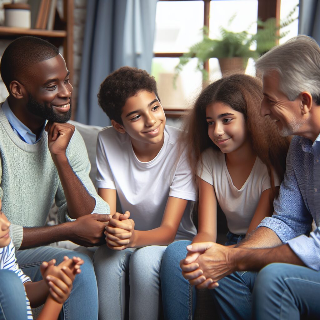 چالشهای اعتماد بین والدین و نوجوانان تصویری از یک خانواده که در حال گفتگو و لبخند زدن به یکدیگر هستند، بیانگر اعتماد متقابل بین والدین و نوجوانان.