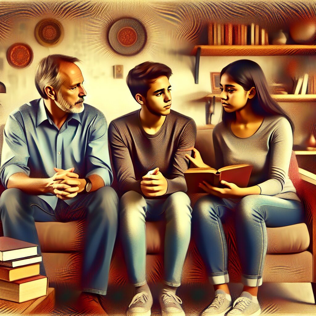 چالشهای اعتماد بین والدین و نوجوانان تصویری از خانوادهای که شامل یک پدر، مادر و یک نوجوان است، در حال گفتگو با یکدیگر در فضایی آرام و دوستانه
