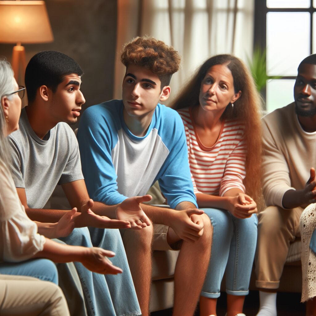 چالشهای اعتماد بین والدین و نوجوانان تصویری از والدین و نوجوانان که در حال برقراری ارتباط مؤثر و شنیدن فعال صبحت میکنند.