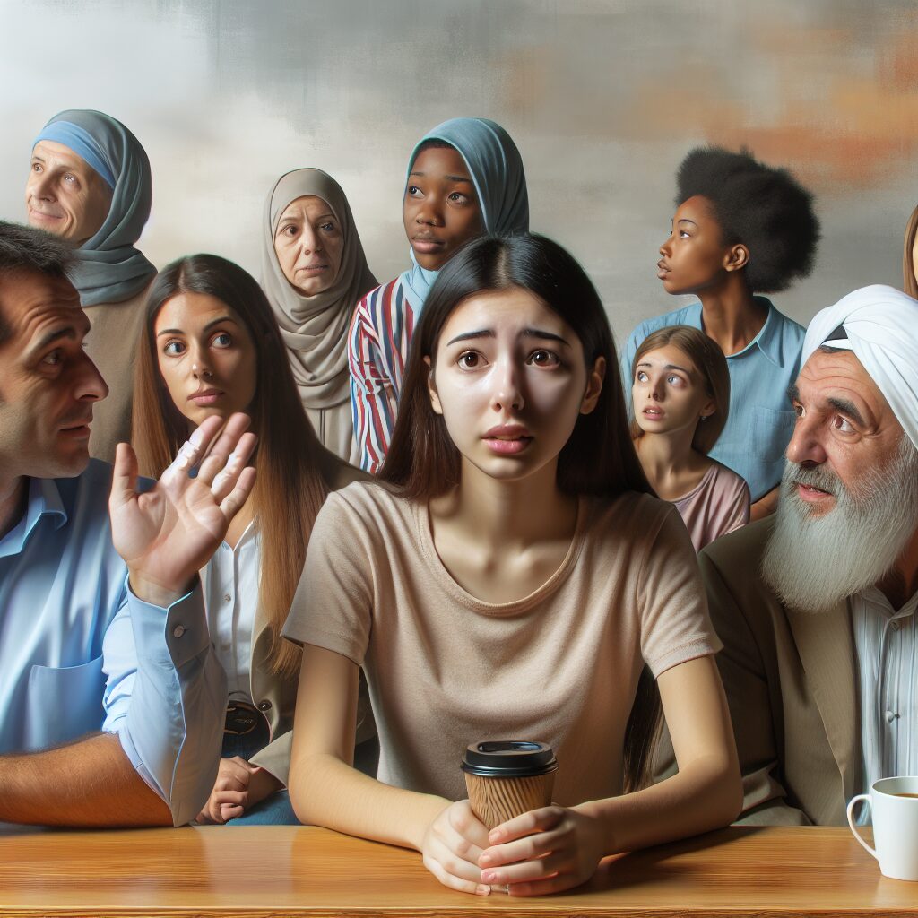 مدیریت ترس از قضاوت در فرهنگ ایرانی نقاشی از افراد در یک محیط اجتماعی که هر فرد به نظر میرسد در حال تعامل است اما یکی از آنها نگران قضاوت دیگران است.